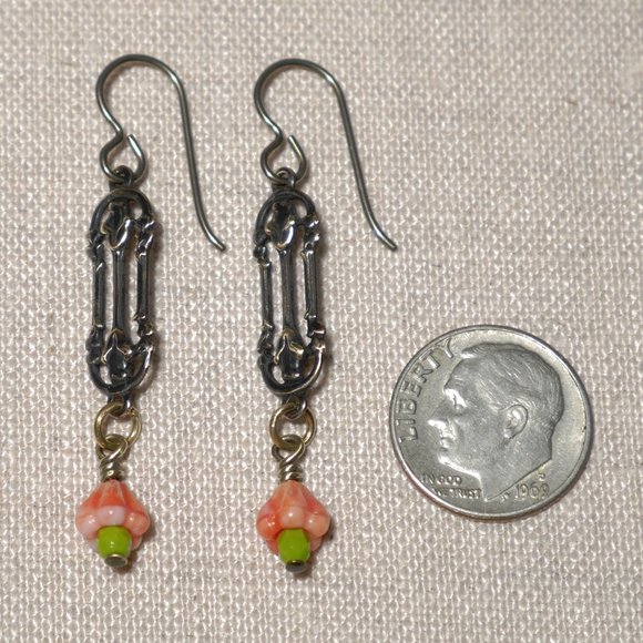 Hand Crafted Handmade Earrings Arts & Crafts Style Brass Coral Pink Bell… - Picture 3 of 5